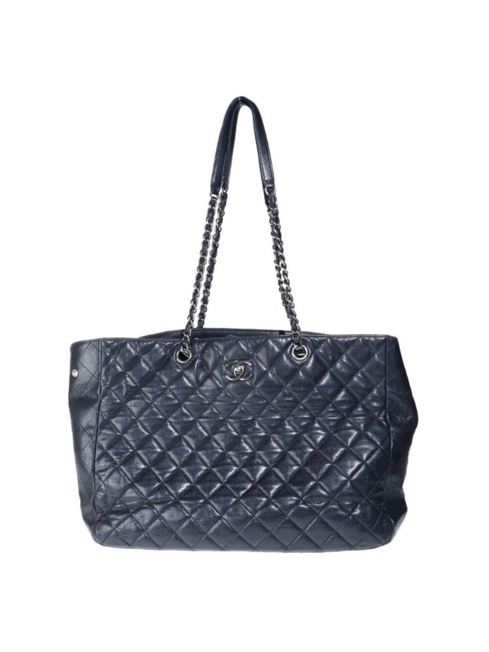 Chanel CC Logo Quilted Tote Chain Black Caviar Leather Silver